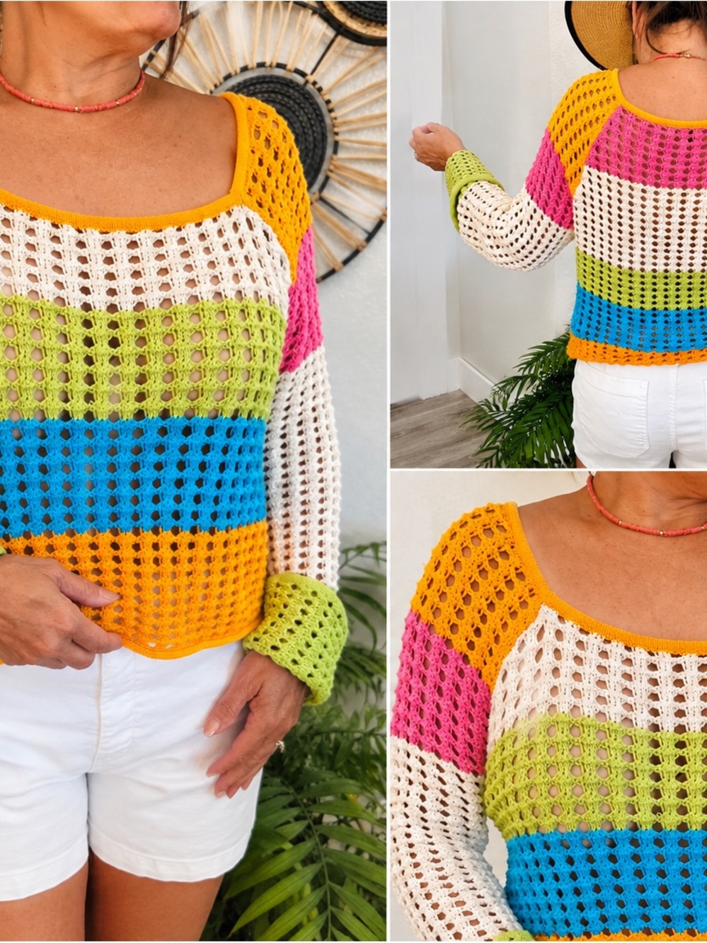 wild fable Open-Weave Colorblock Sweater in Yellow, Pink, Blue, Green, Cream